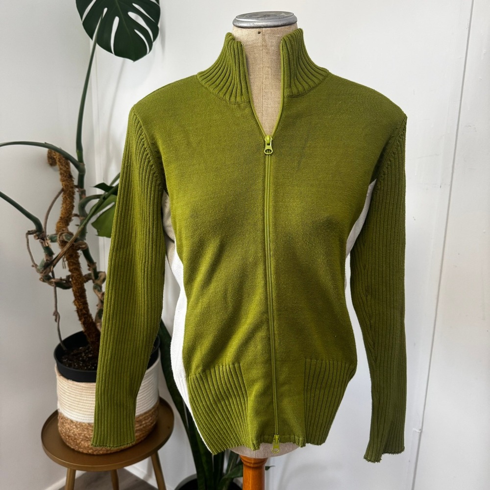 VTG Athleta Full Zip Sweater Womens Medium Green Mock Neck Bamboo Coolmax 38308